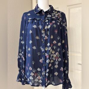 Maeve Anthropologie Fredricka tree print navy blue trim blouse size 10